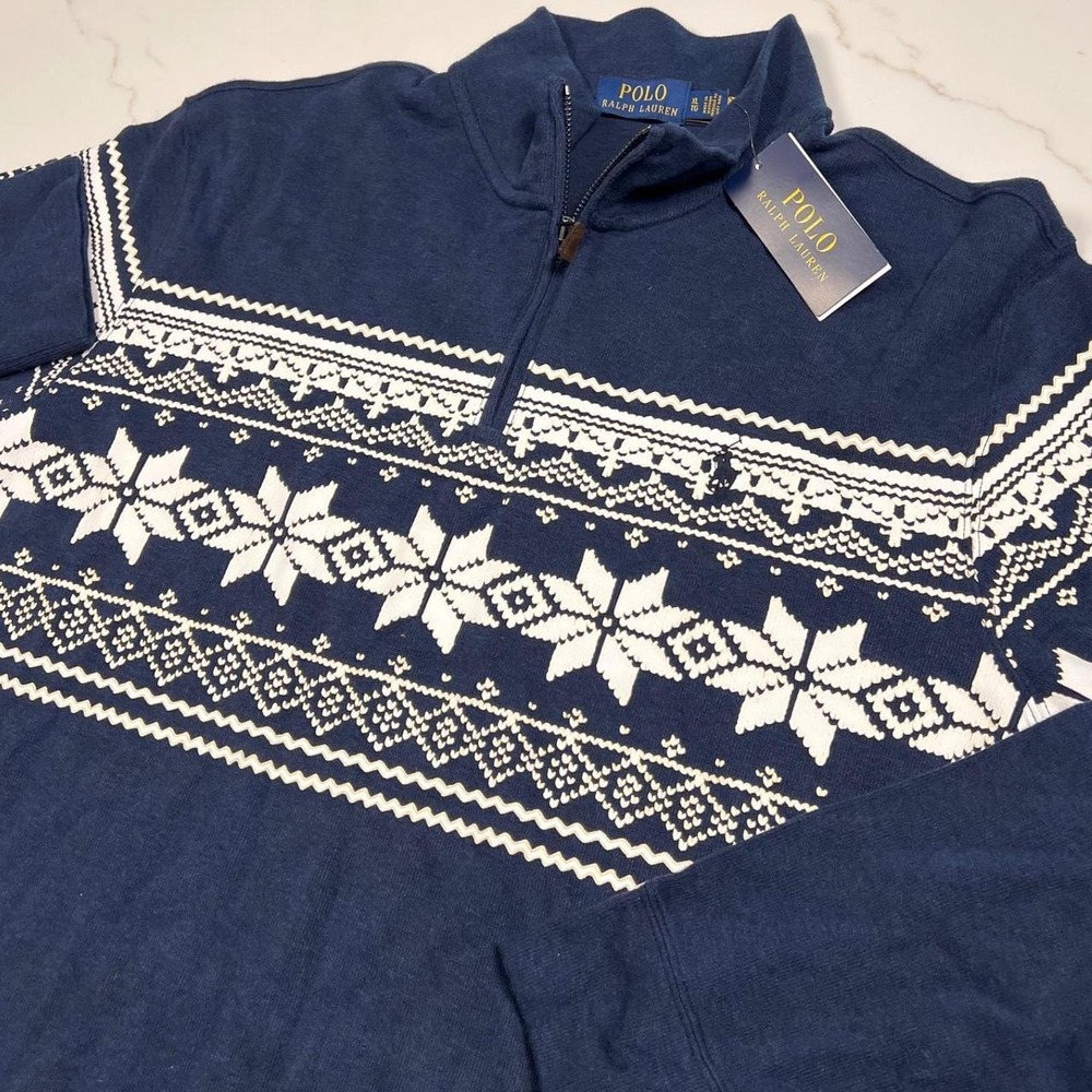 Polo Ralph Lauren Quarter Zip Pullover Mens XL Blue Fair‎ Isle Snowflake NWT